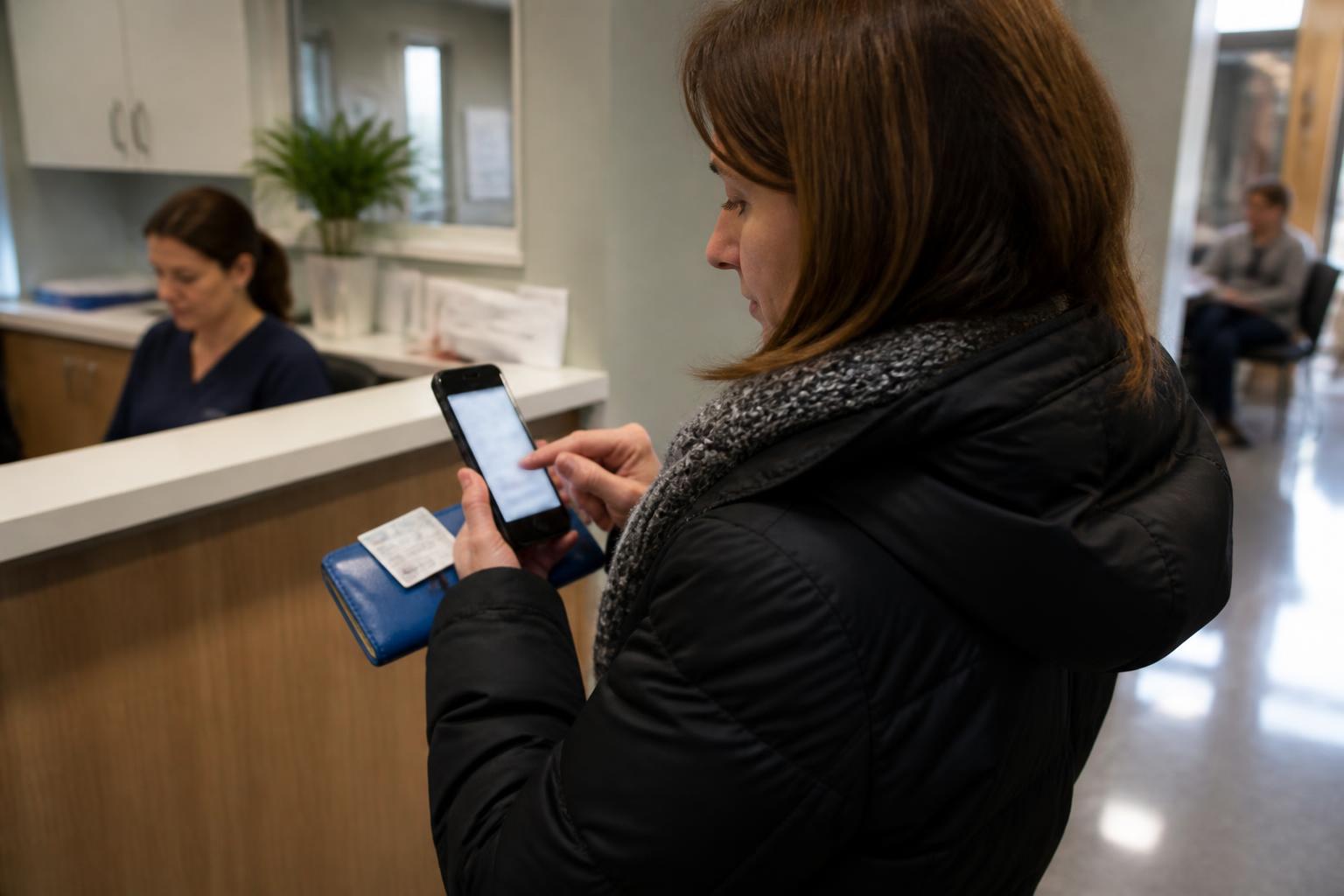 A patient updating phone security after leaving a clinic counter.