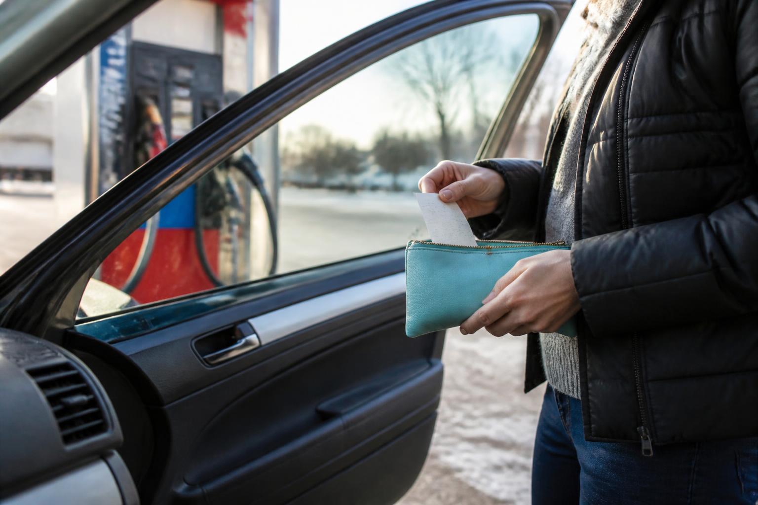 A driver saving a gas receipt in a pouch at an unbranded gas station.