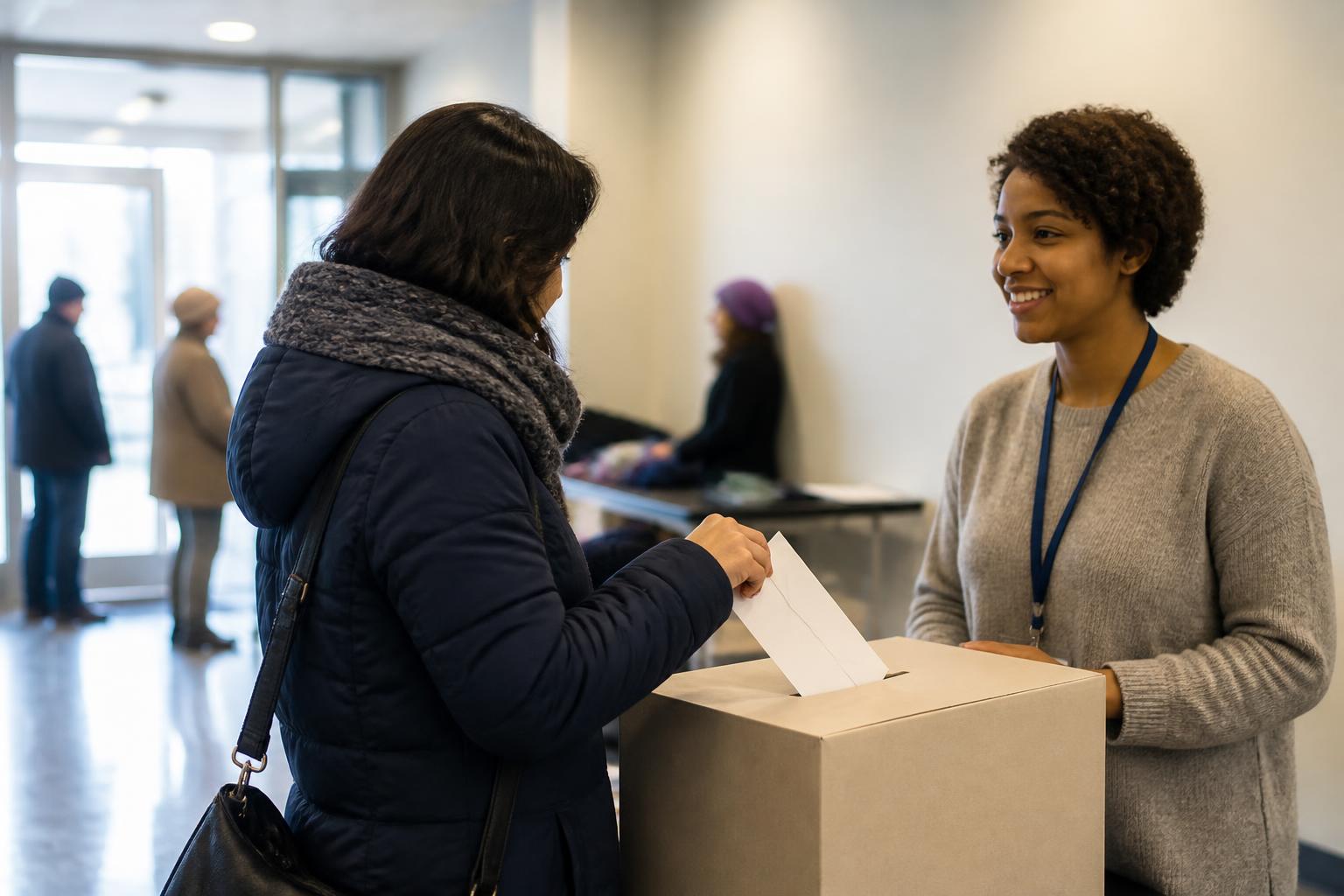 A donor placing a sealed envelope into a plain collection box while speaking with a volunteer.