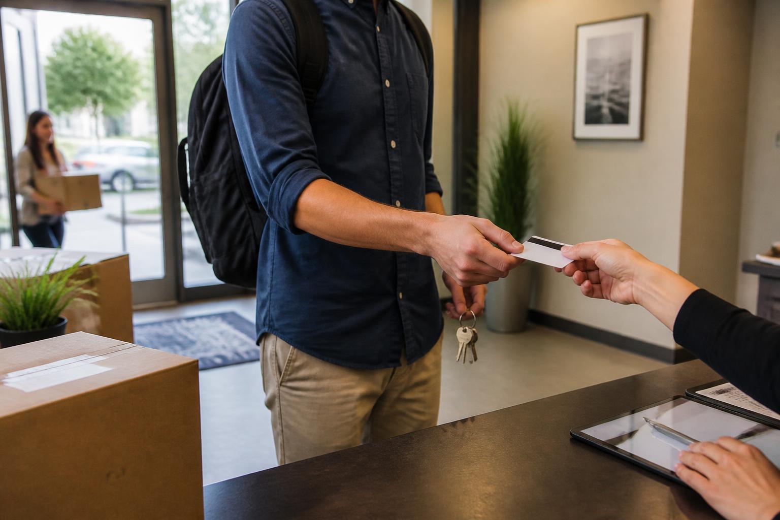 A new graduate using a card while picking up first-apartment keys.