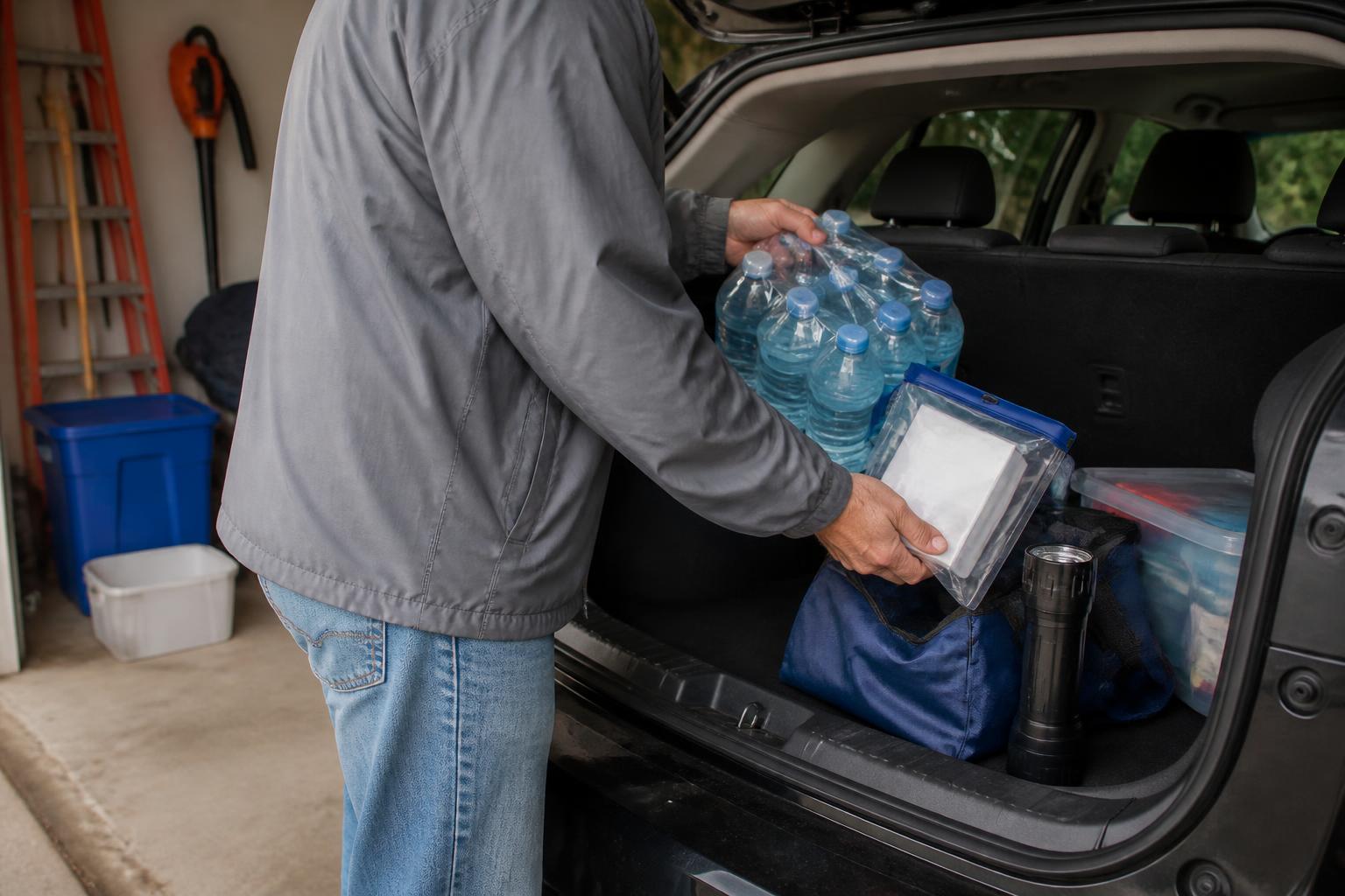 A homeowner loading storm supplies and an insurance pouch into a car.