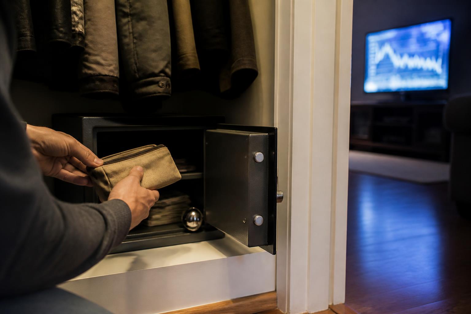A person checking an emergency cash pouch in a home safe.
