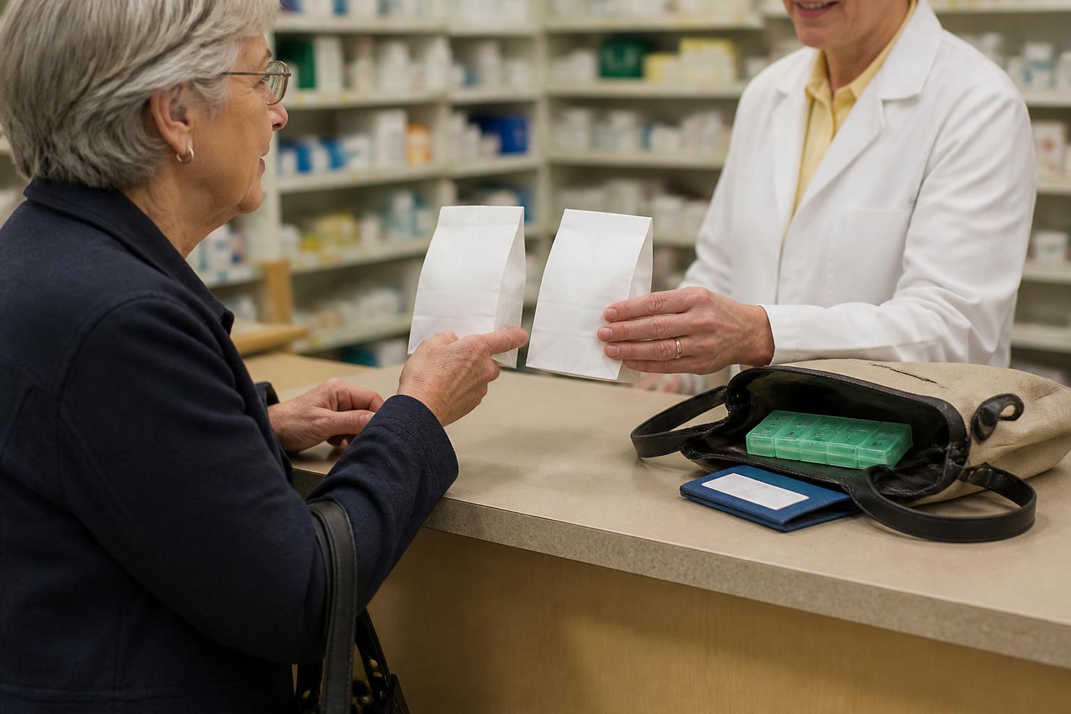 An older adult consulting a pharmacist during open enrollment.