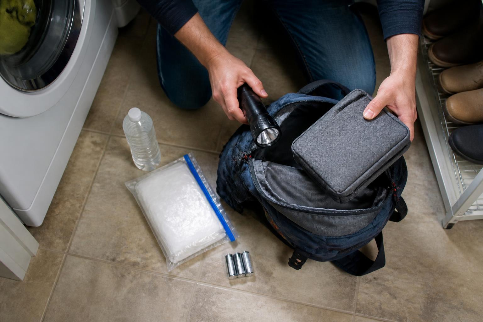 A person packing an emergency backpack with plain supplies and a sealed copy pouch.