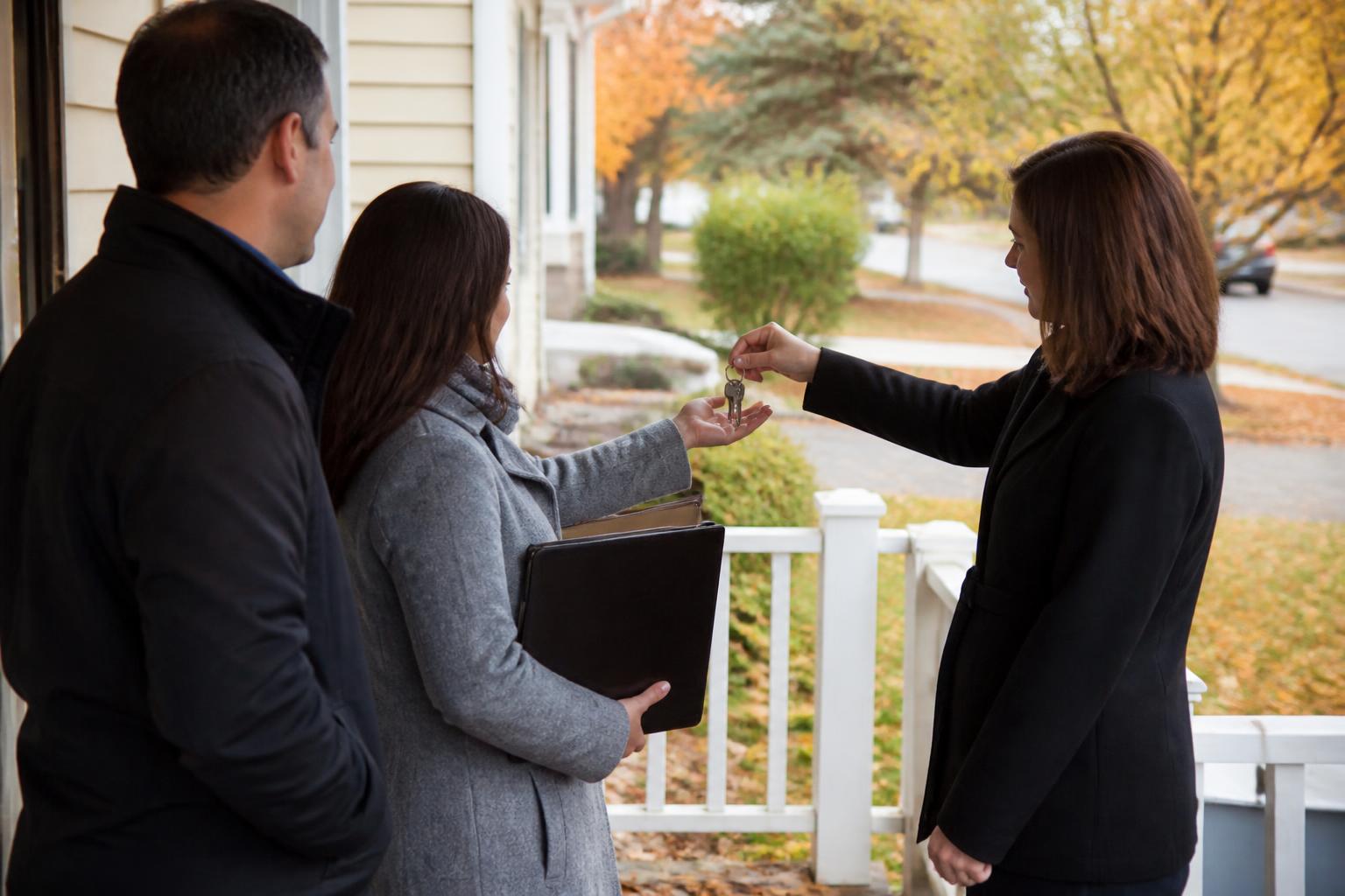 Homebuyers receiving house keys on a fall front porch.
