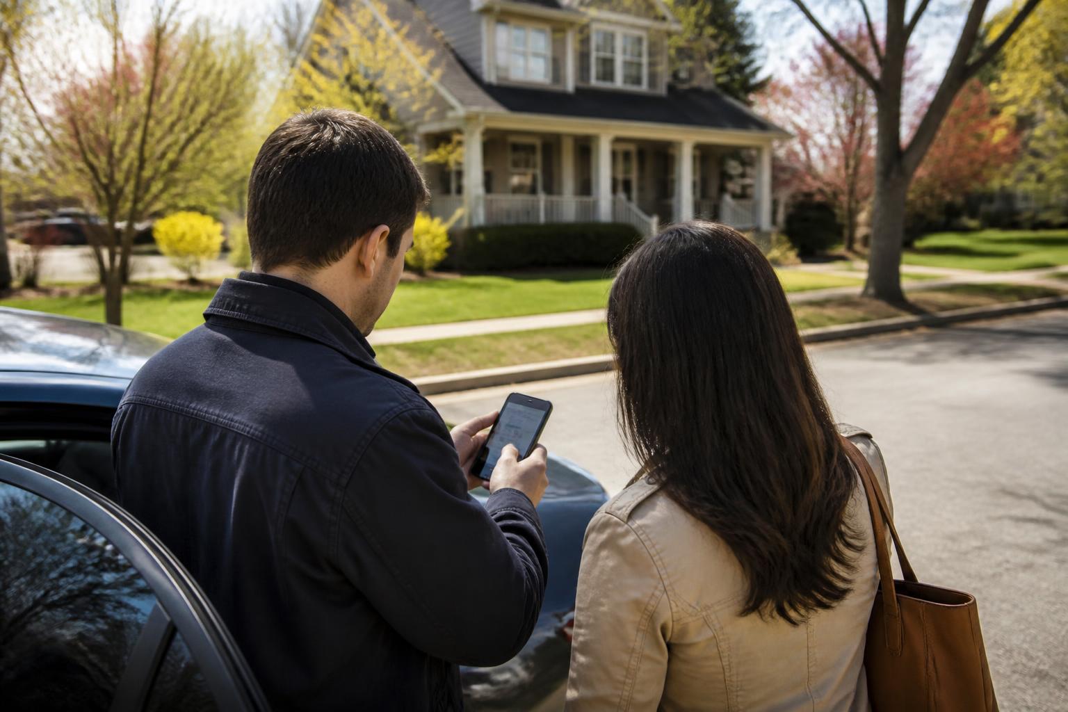 Homebuyers checking a blurred credit app before touring a house.