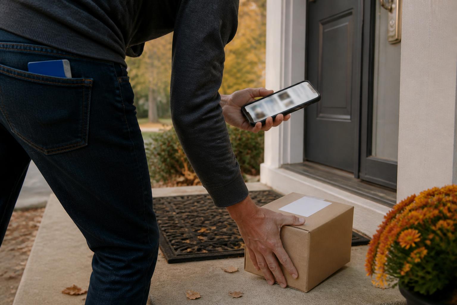 A person checking a blurred order while picking up an unbranded package.