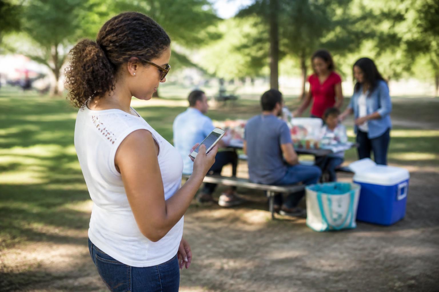 A person checking a credit-report reminder at a park picnic area.