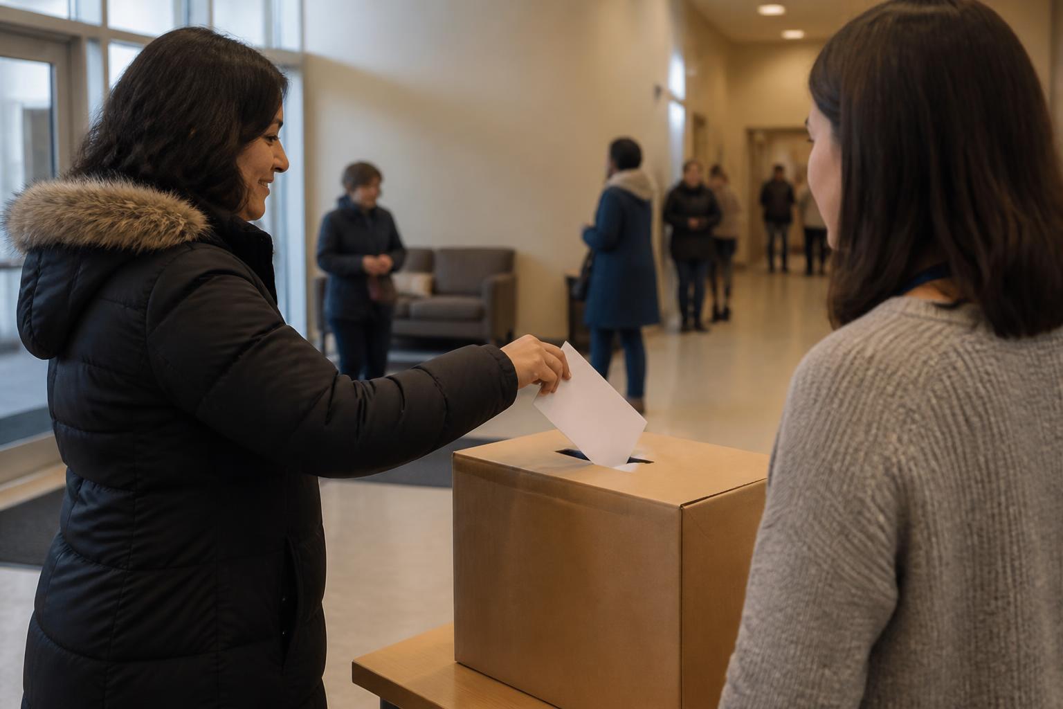 A donor placing a sealed envelope into a plain collection box while speaking with a volunteer.