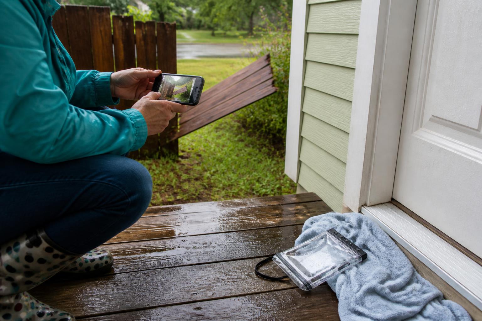A homeowner photographing minor storm damage from a covered porch.