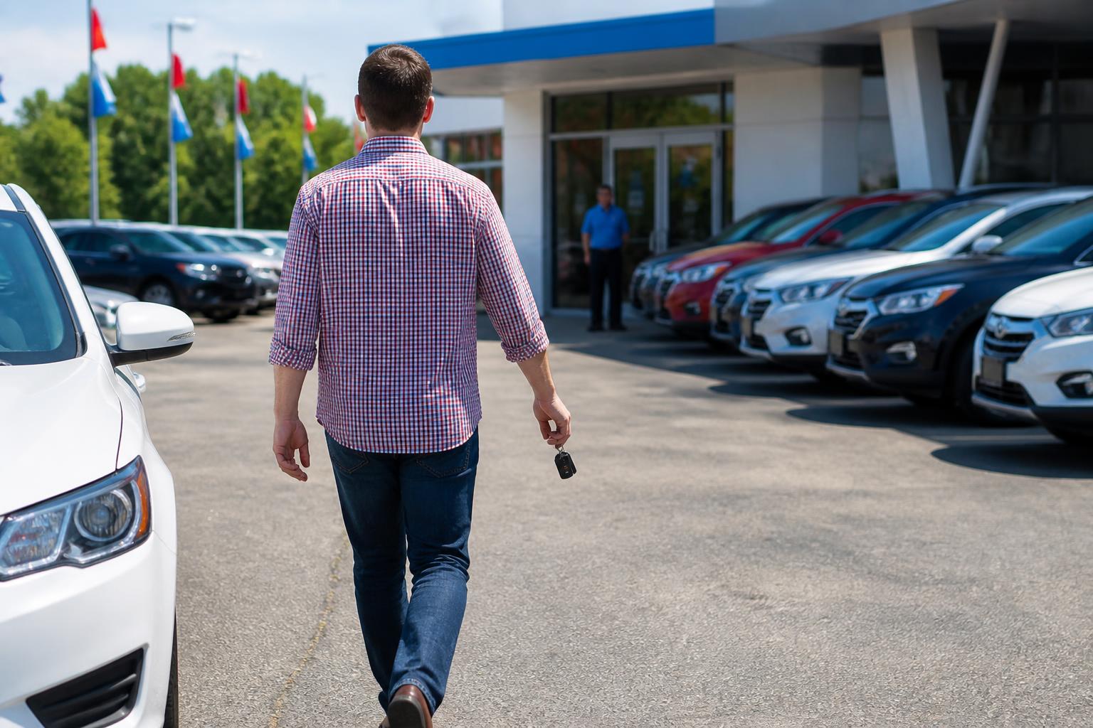A car shopper walking toward a finance office before a test drive.