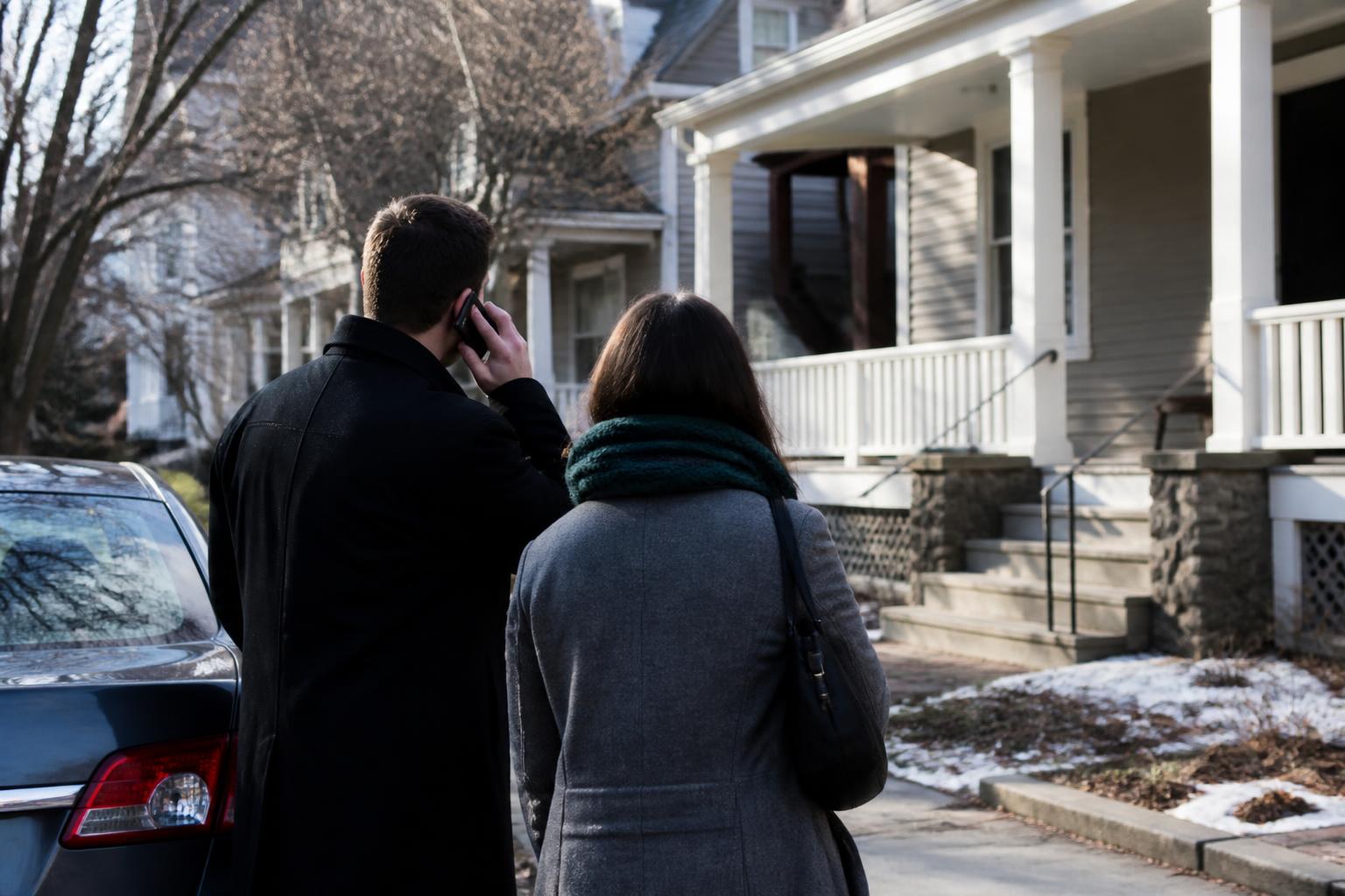 Prospective buyers calling a lender outside a modest home in winter.