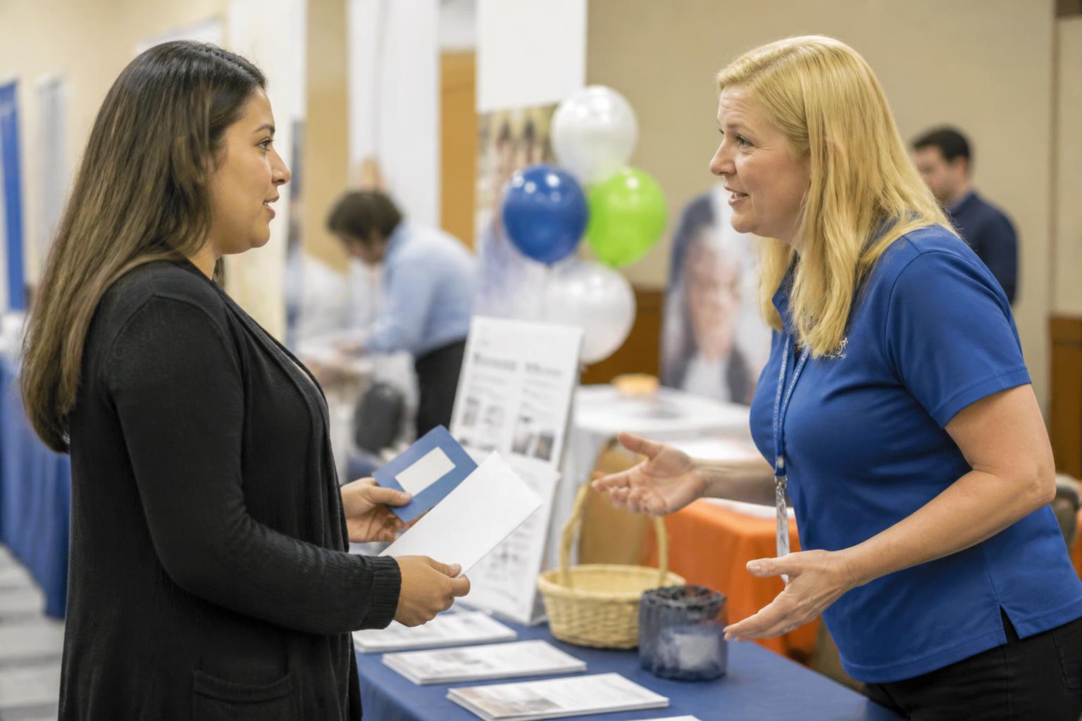 An employee speaking with a benefits representative during open enrollment.