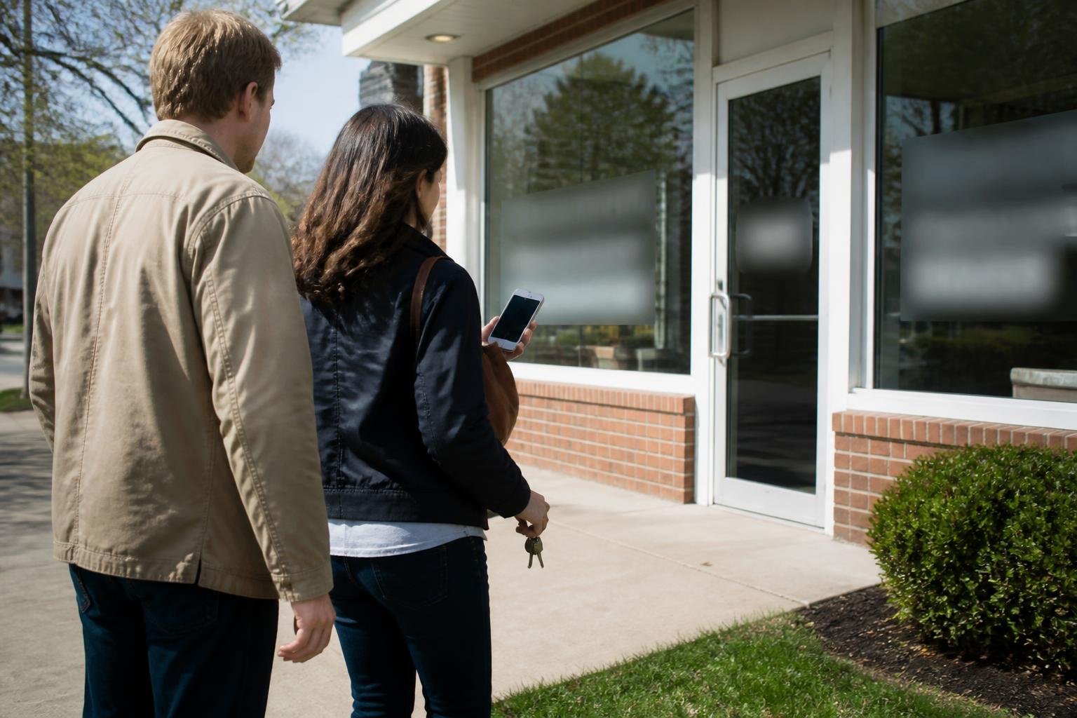 Homebuyers pausing outside a lender office before house shopping.