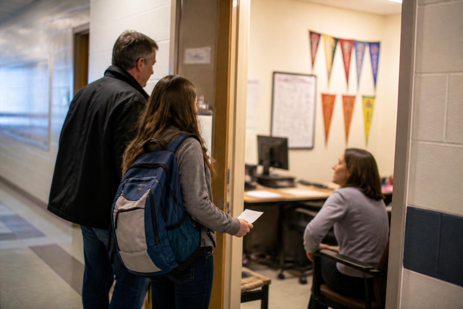 A student and parent entering a school counseling office for aid planning.