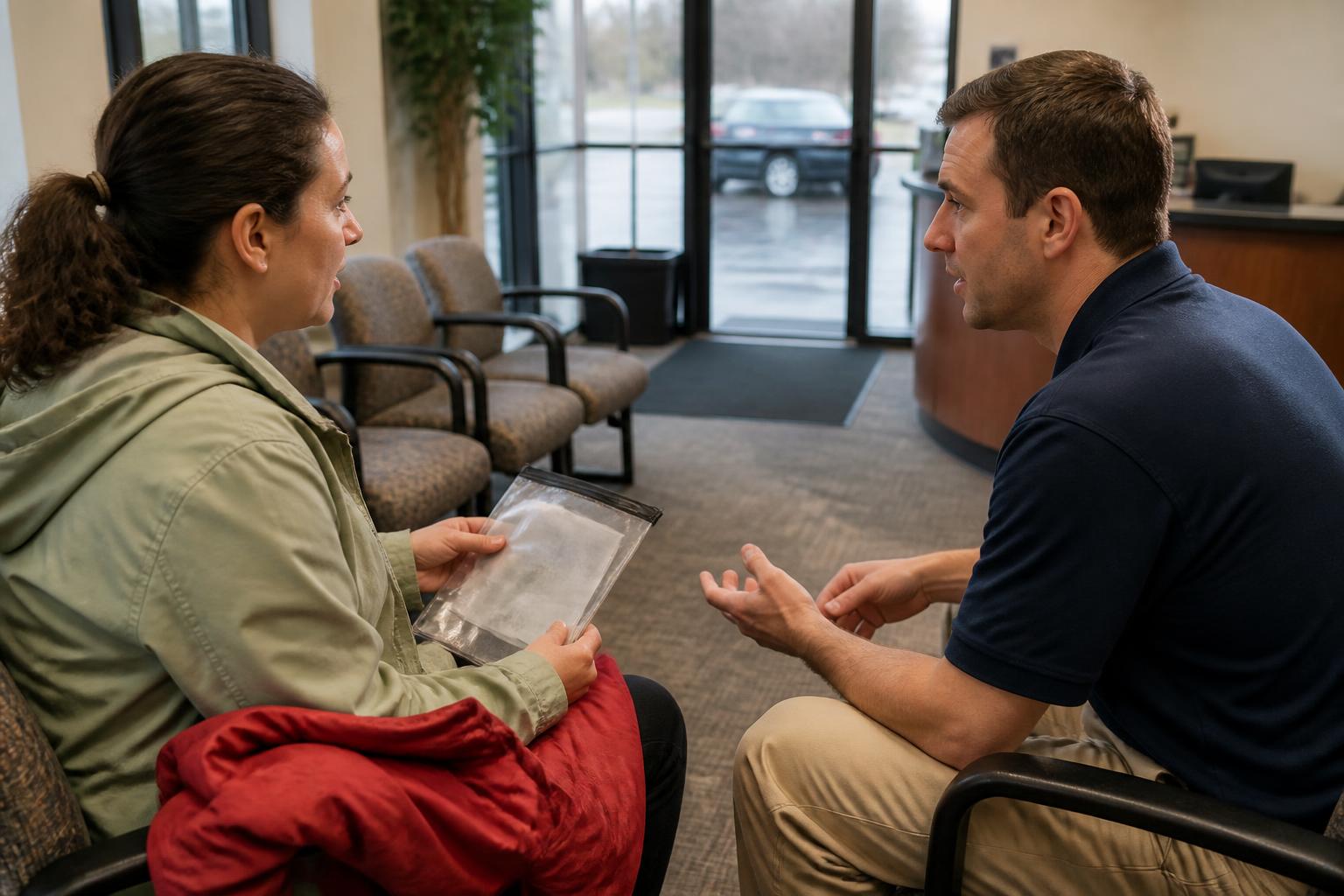 A homeowner asking a claims worker about flood insurance after heavy rain.