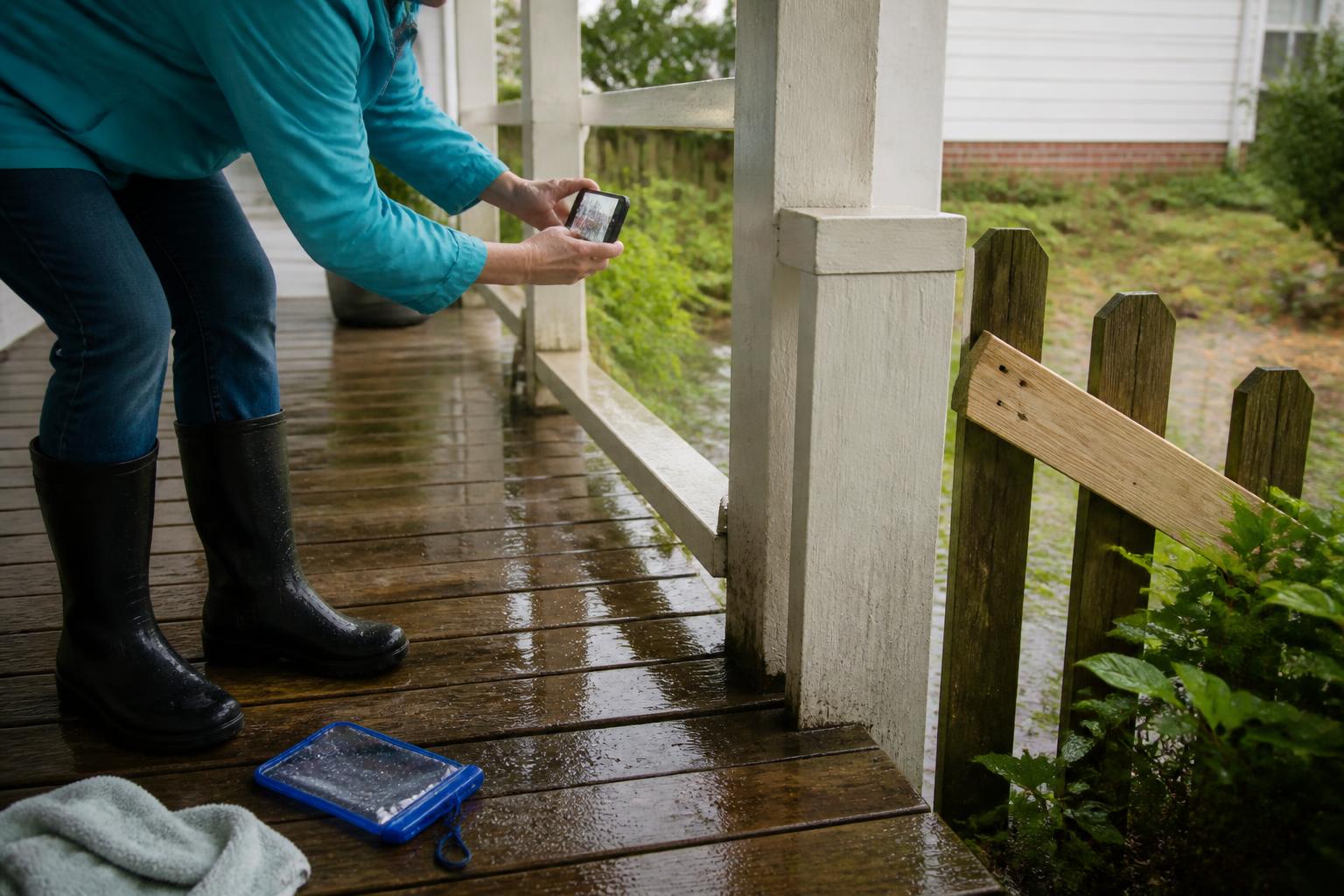 A homeowner photographing a minor repair area after storm rain.