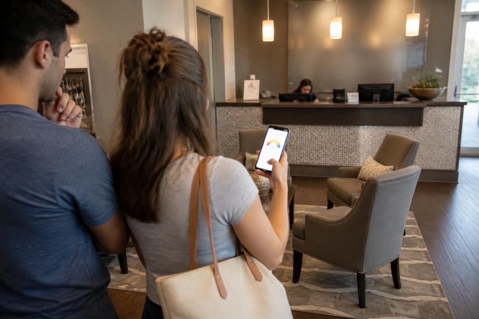 Renters checking a blurred credit reminder in a leasing office.