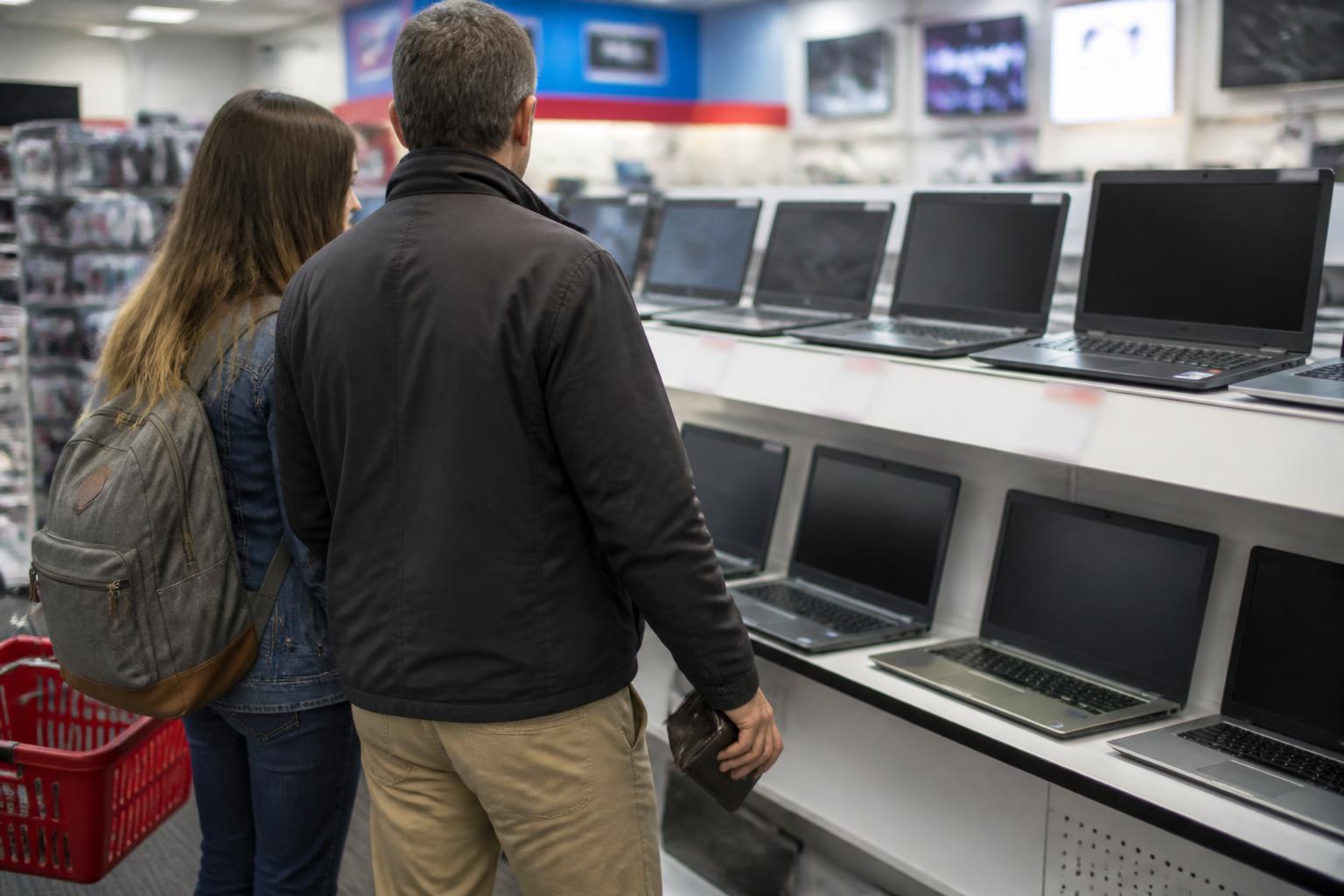 A parent and student comparing laptops in a generic electronics store.
