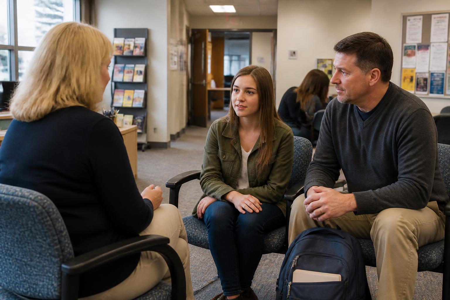 A student and parent meeting with a financial-aid counselor.