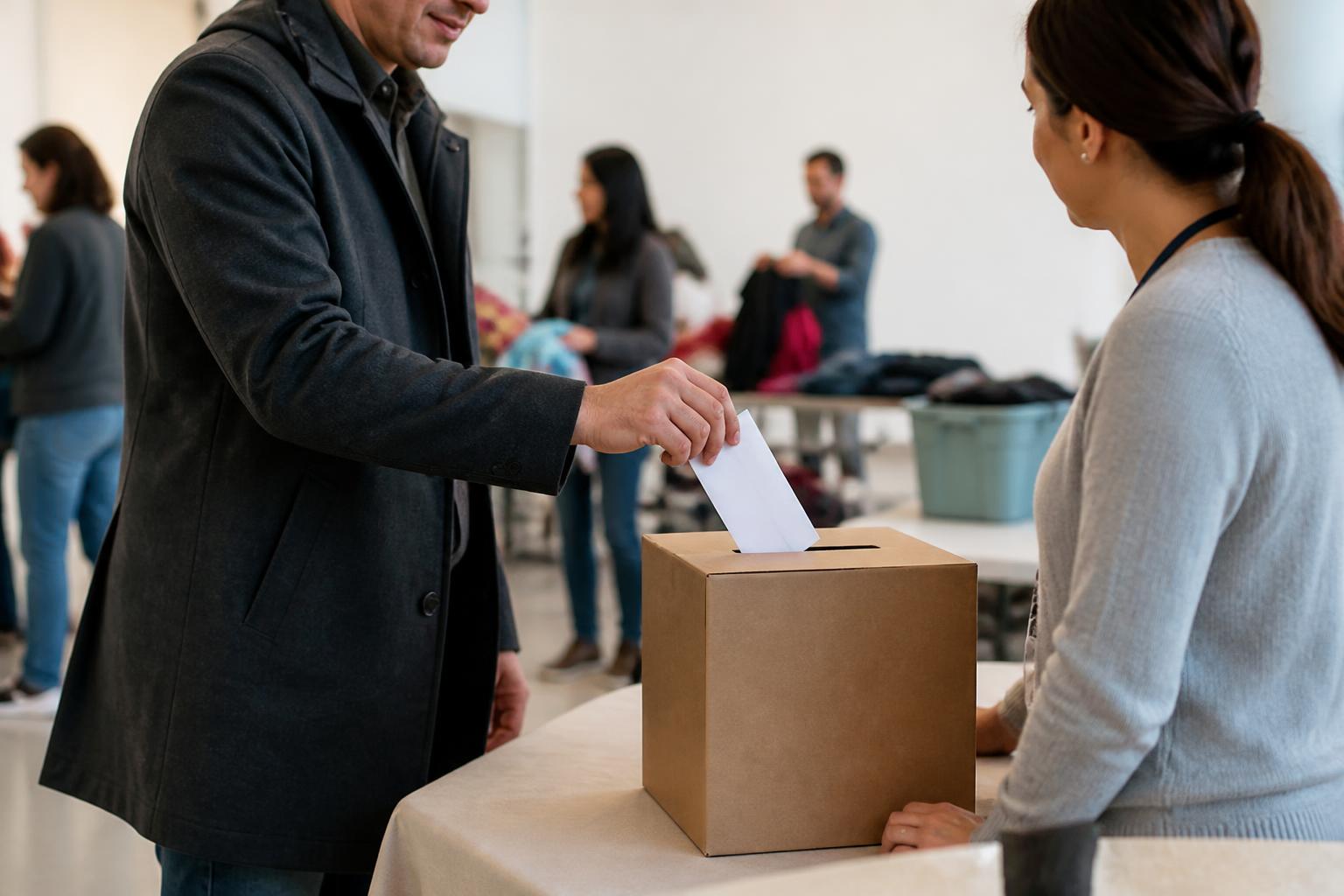 A donor placing a sealed envelope into a plain collection box while speaking with a volunteer.