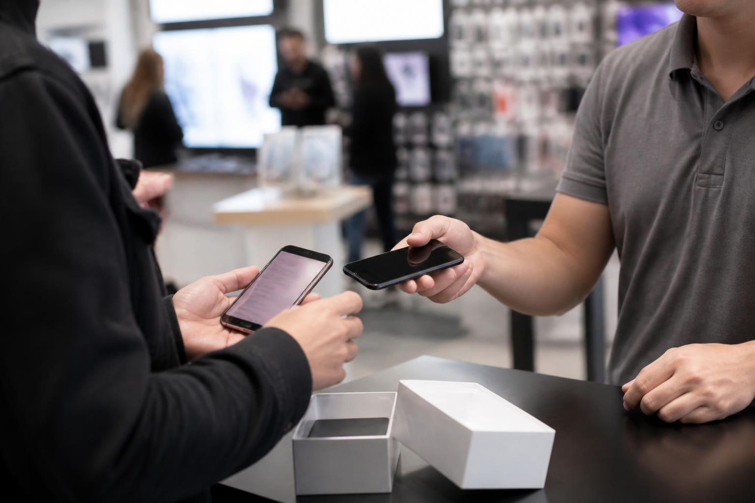 A customer reviewing a wireless bill while returning an old phone.