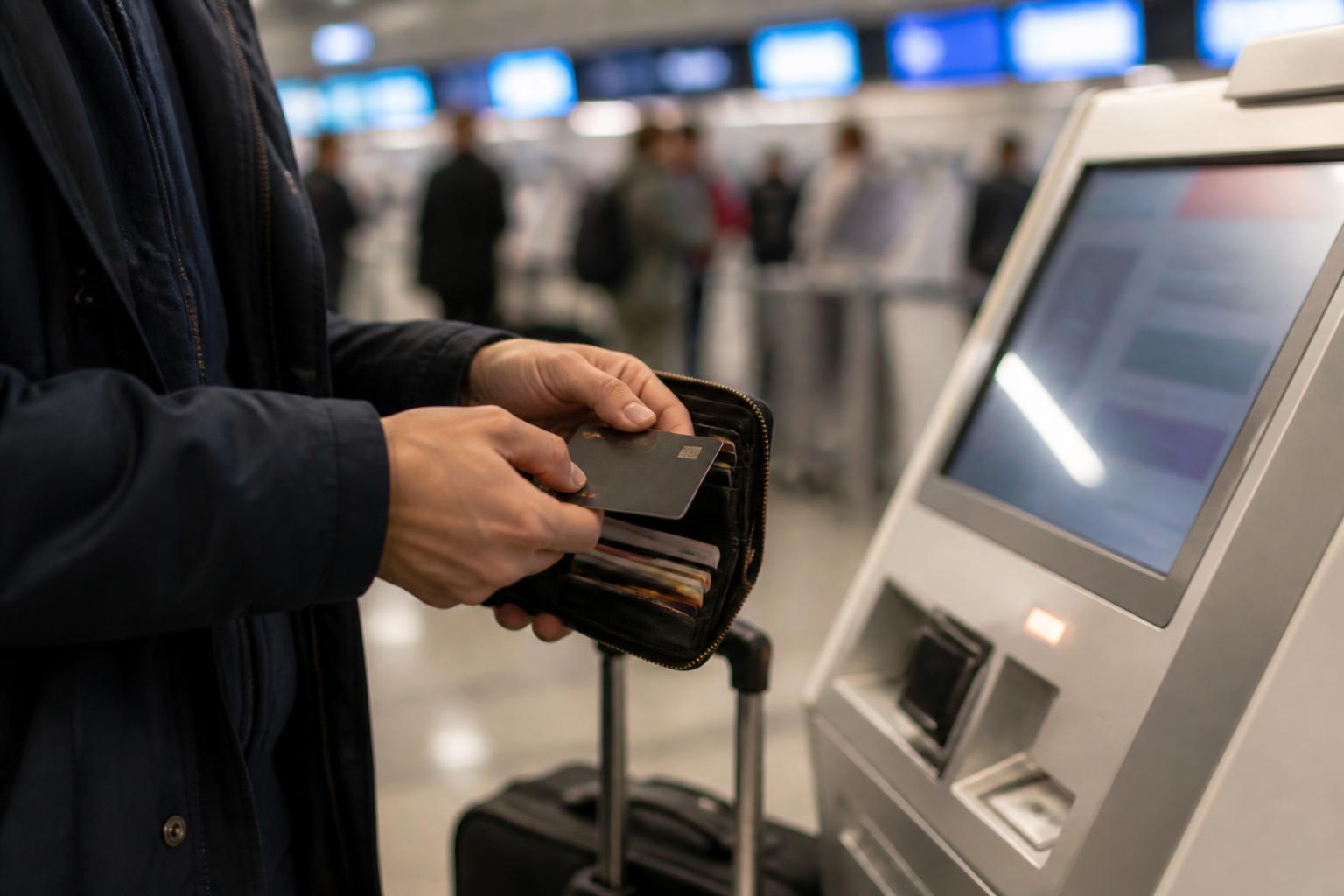 A traveler choosing a card from a travel wallet near an airport kiosk.