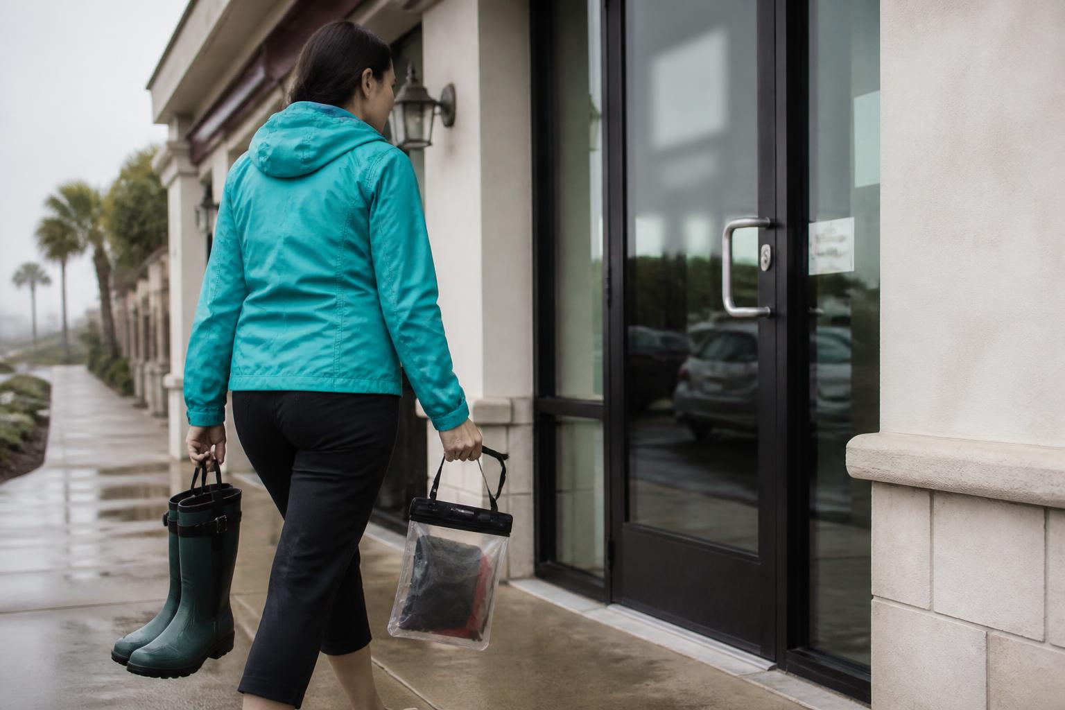 A homeowner carrying a storm pouch toward an insurance office.