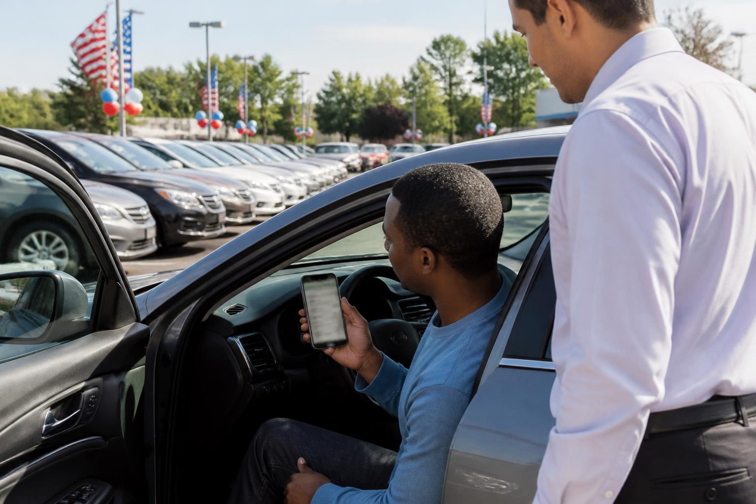 A buyer checking a loan app after a test drive on a Memorial Day car lot.