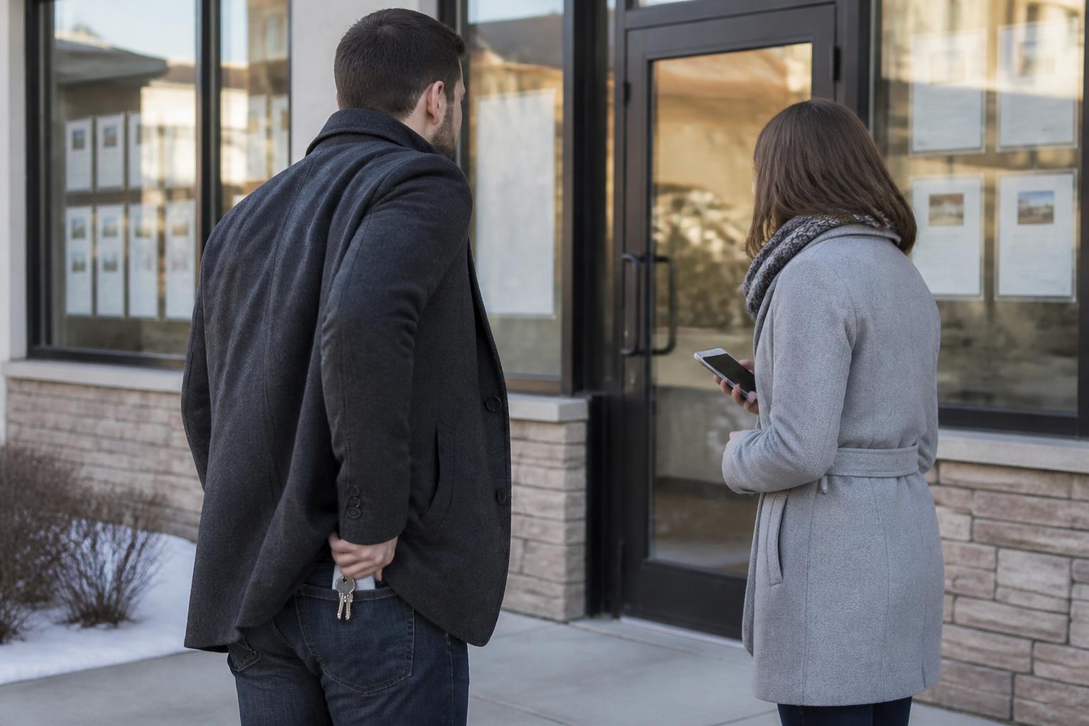Homebuyers pausing outside a mortgage office for a fresh preapproval.