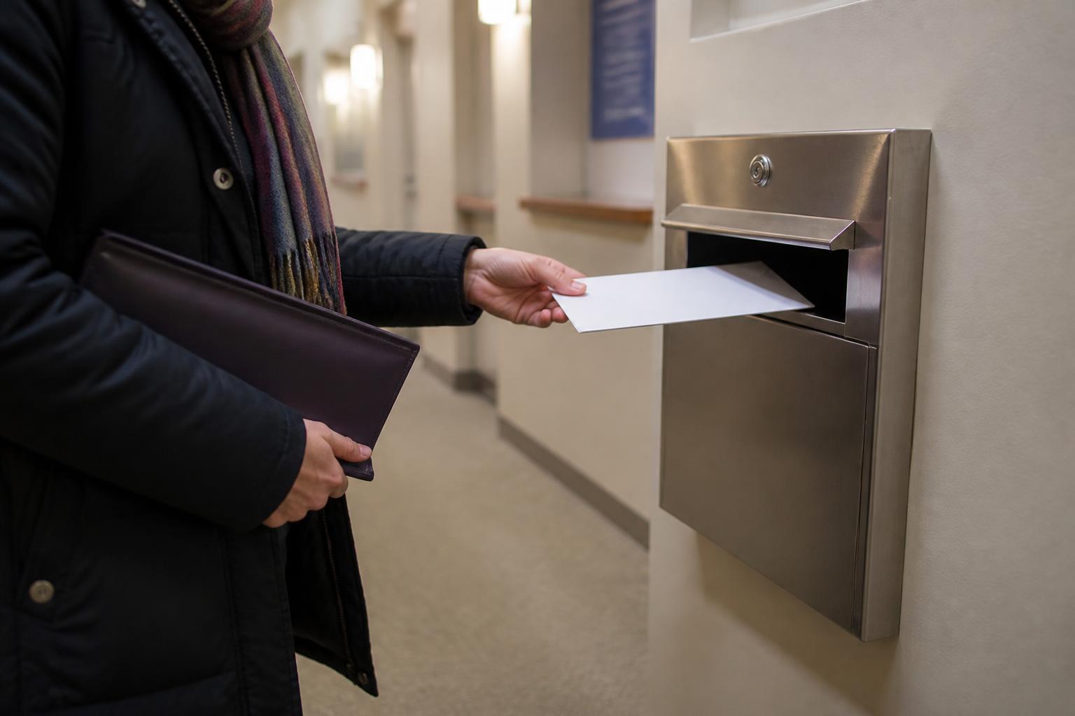 A taxpayer using a secure tax office drop box during year-end planning.