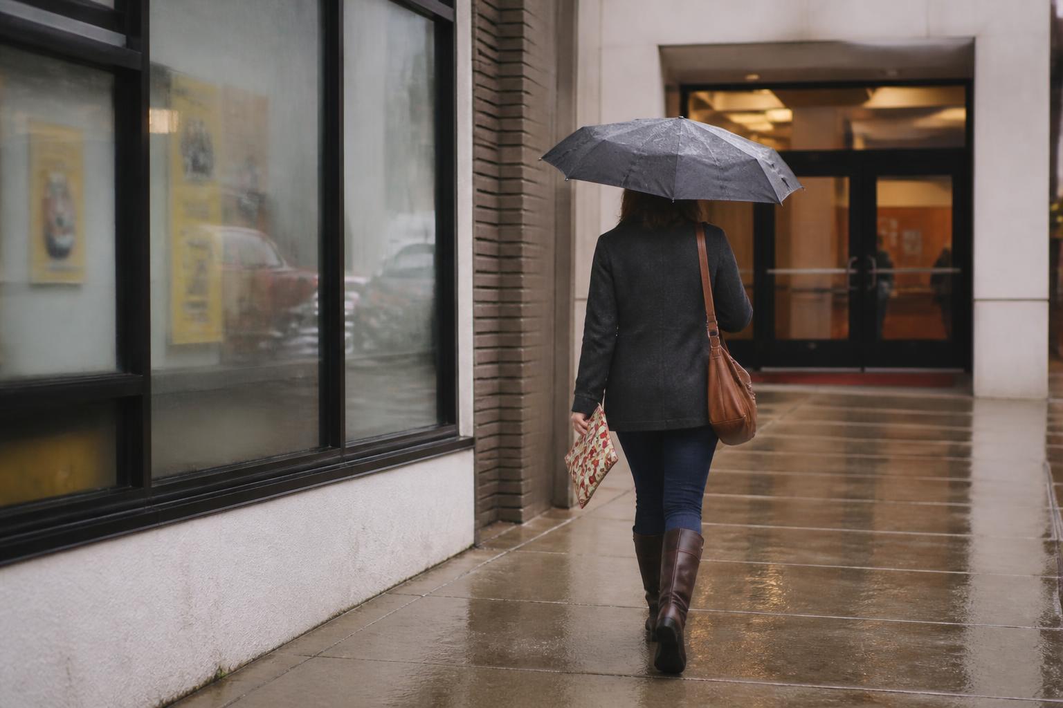 A passerby walking from a short-term loan storefront toward a credit union.