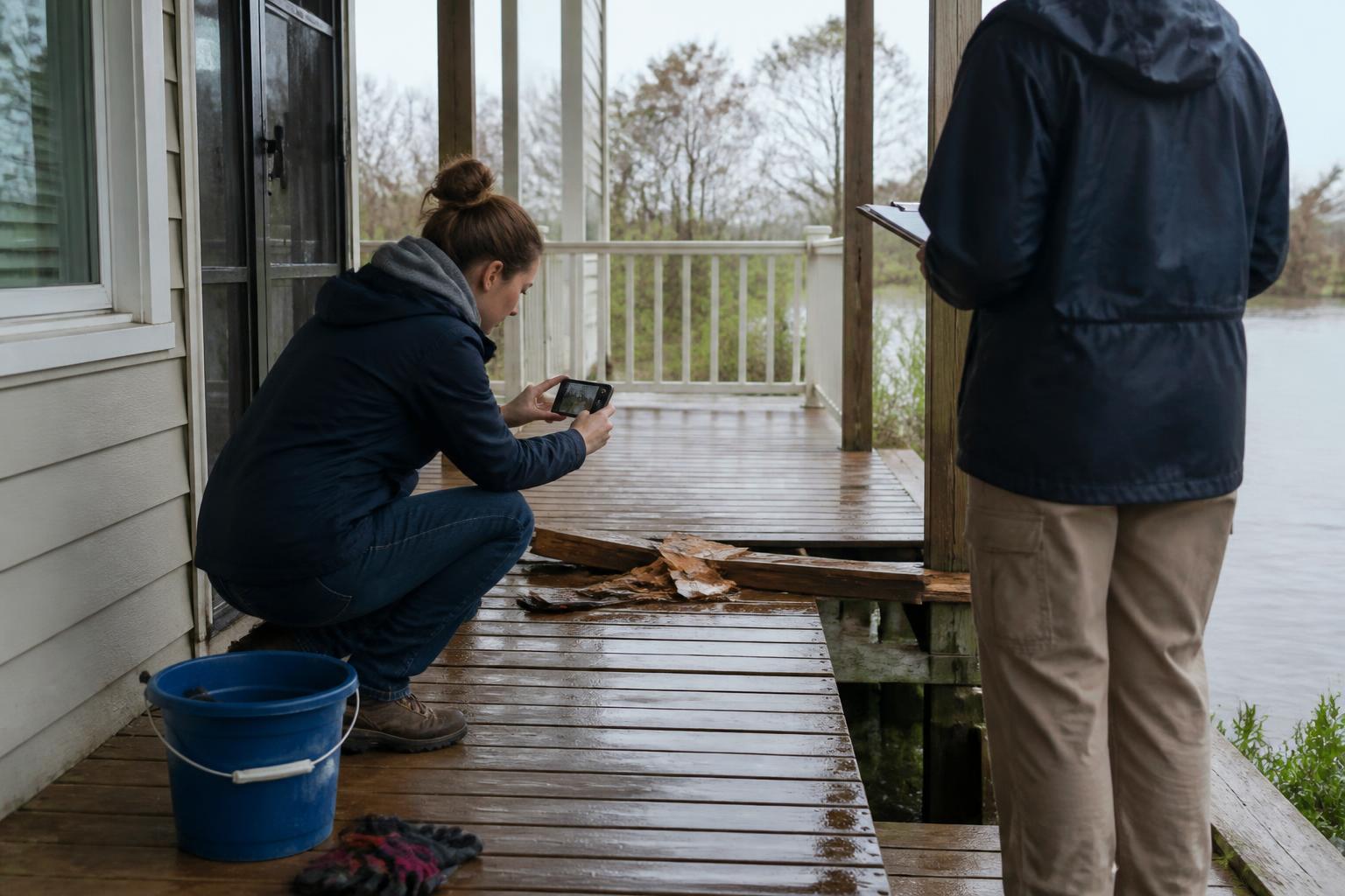 A homeowner photographing damaged porch boards while a claims adjuster checks the area from a respectful distance.