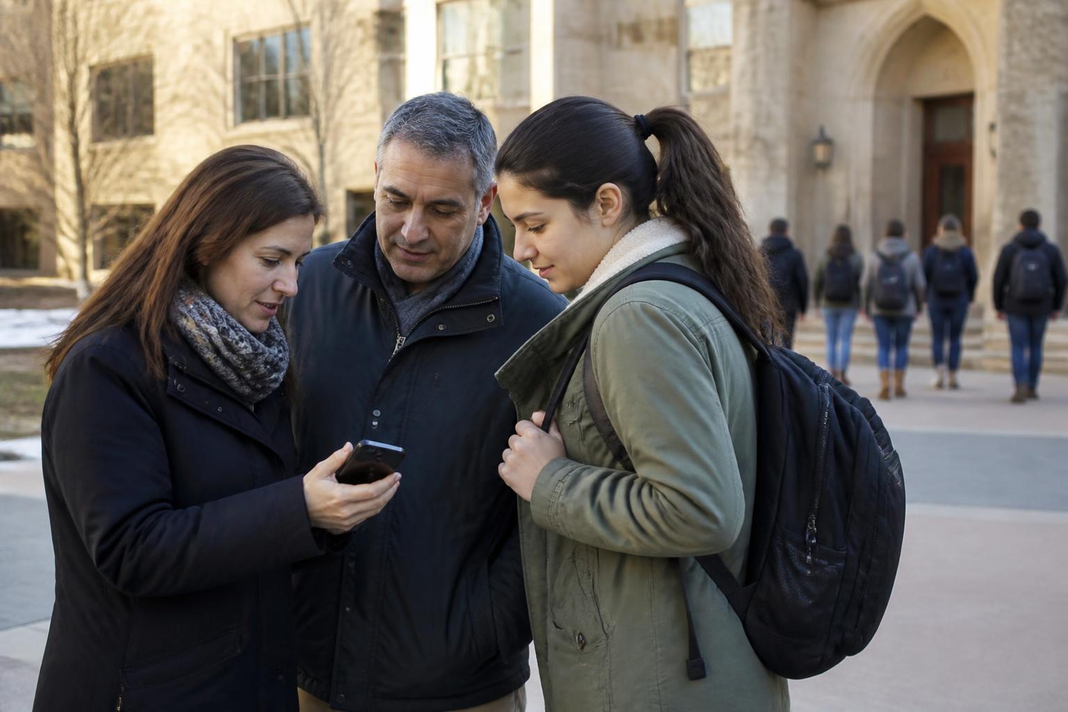 A parent and student pausing with a backpack while comparing a blurred phone calculator before walking toward campus.