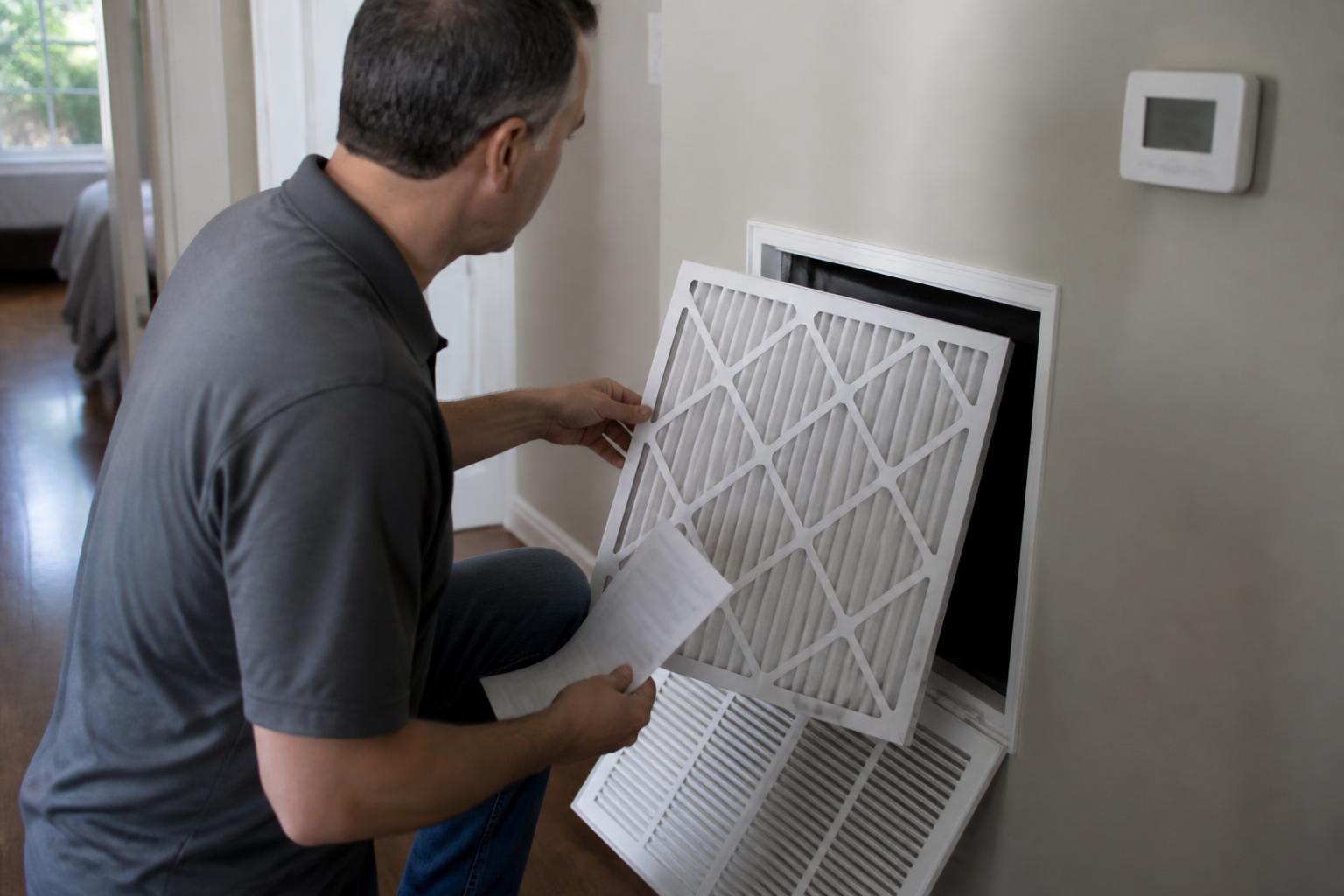 A homeowner replacing an air filter during a utility-savings check.