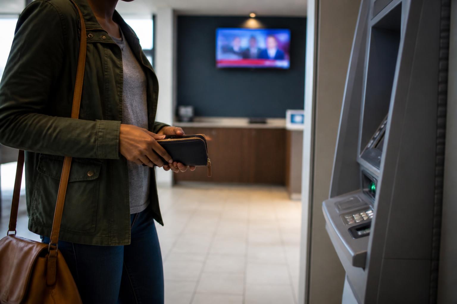 A saver checking an emergency savings balance while keeping cash inside a zipped pouch.