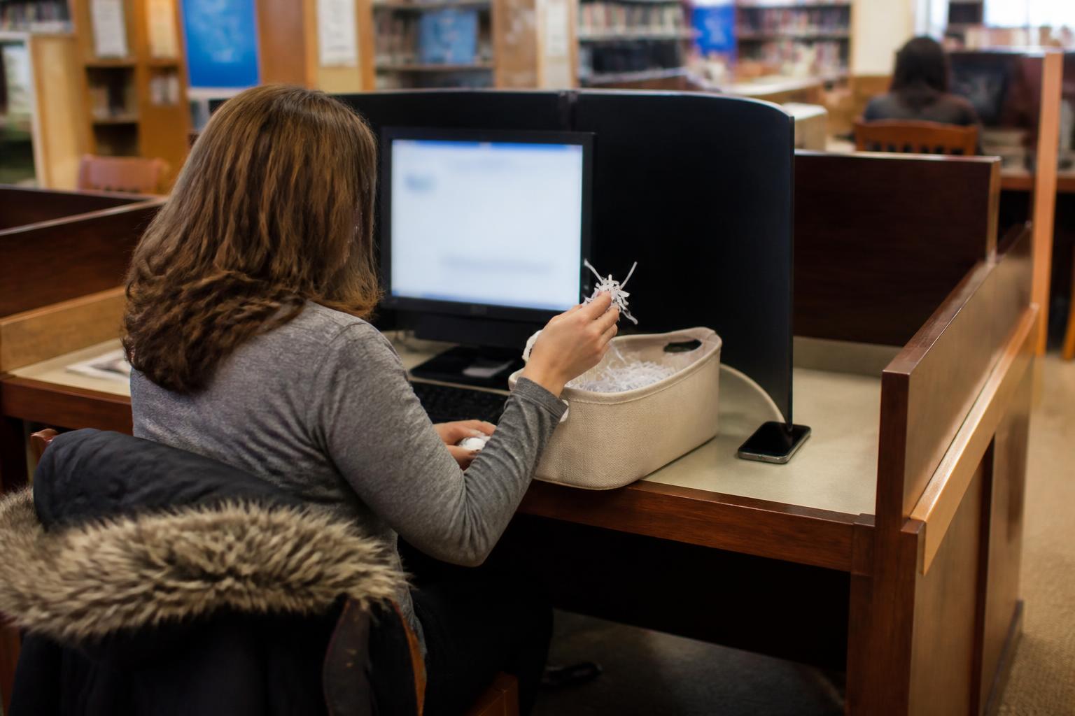 A consumer using a privacy-screen computer for credit monitoring.
