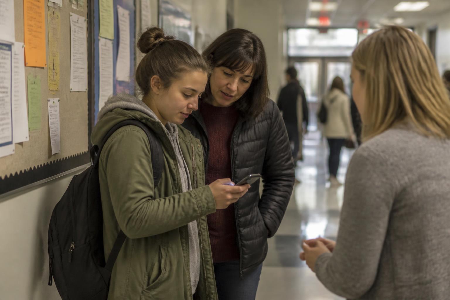 A student and parent standing beside a scholarship bulletin board while checking a blurred cost estimate on a phone.