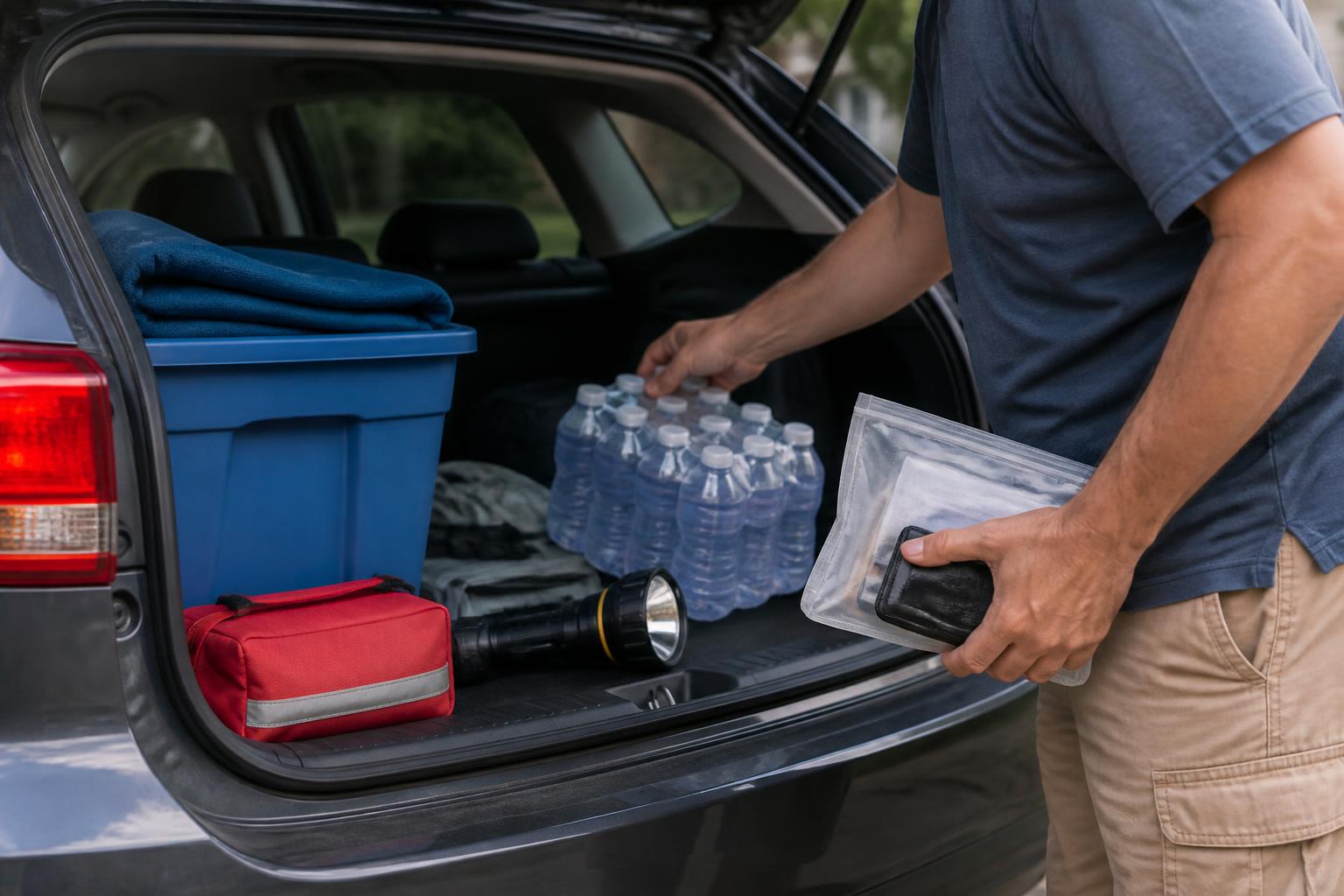 A homeowner loading bottled water, a flashlight, a card wallet, and a sealed insurance pouch into the trunk.