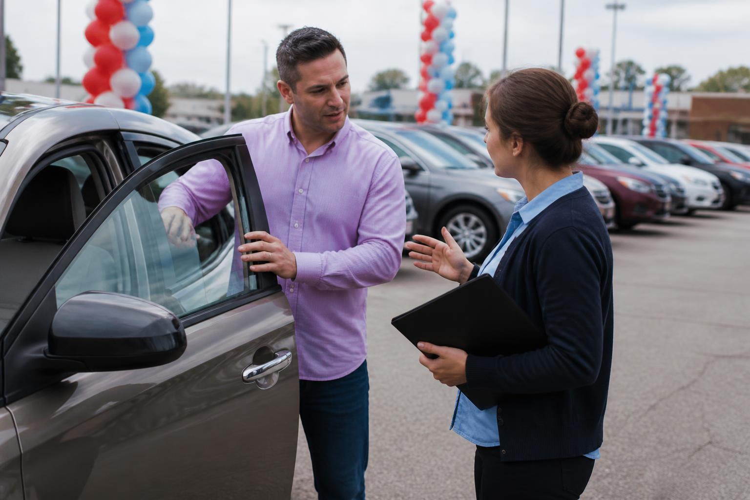 A buyer reviewing auto loan terms at a car dealership.