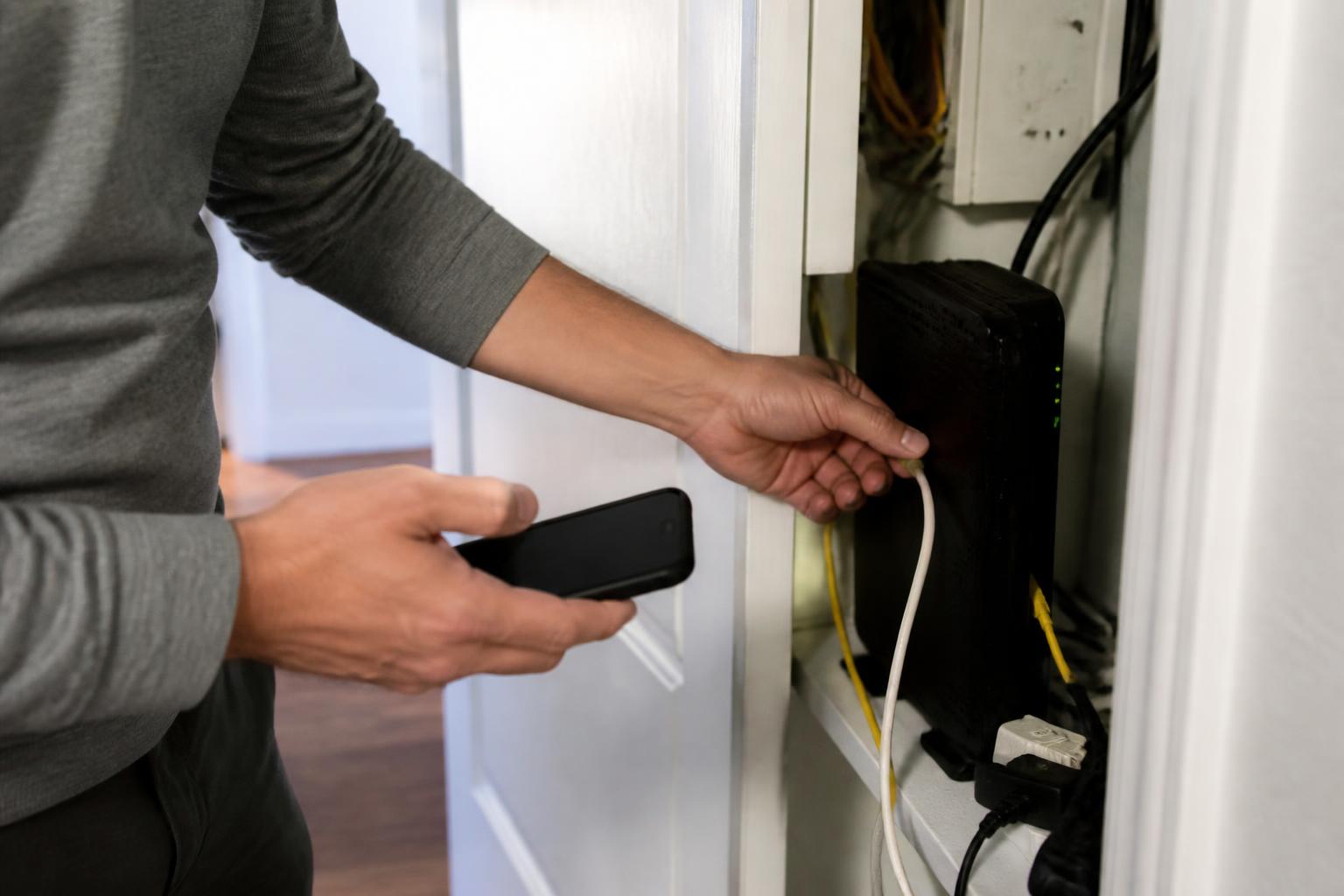 A renter resetting a router during an internet service review.