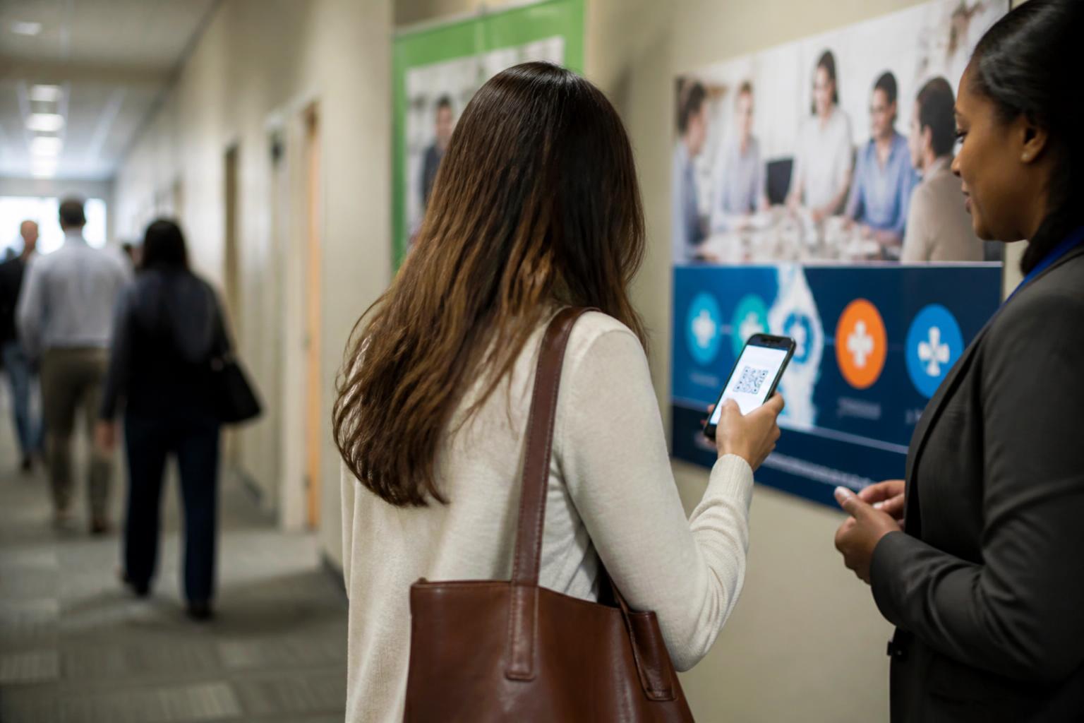 An employee scanning a blurred benefits QR code while walking away from an HR information area.