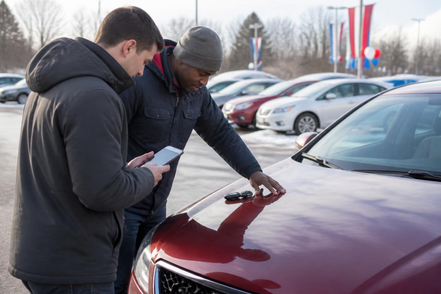 A buyer and salesperson inspecting a trade-in car hood while the buyer checks a blurred down-payment note on a phone.