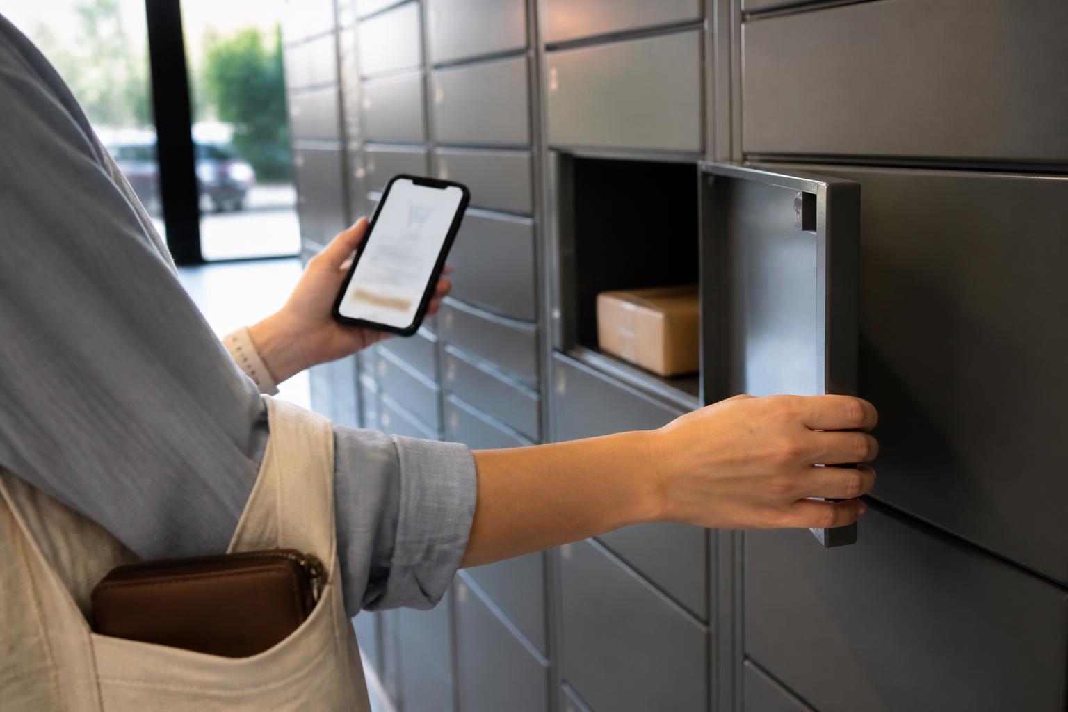 A shopper checking a cart-limit reminder near an apartment package locker.