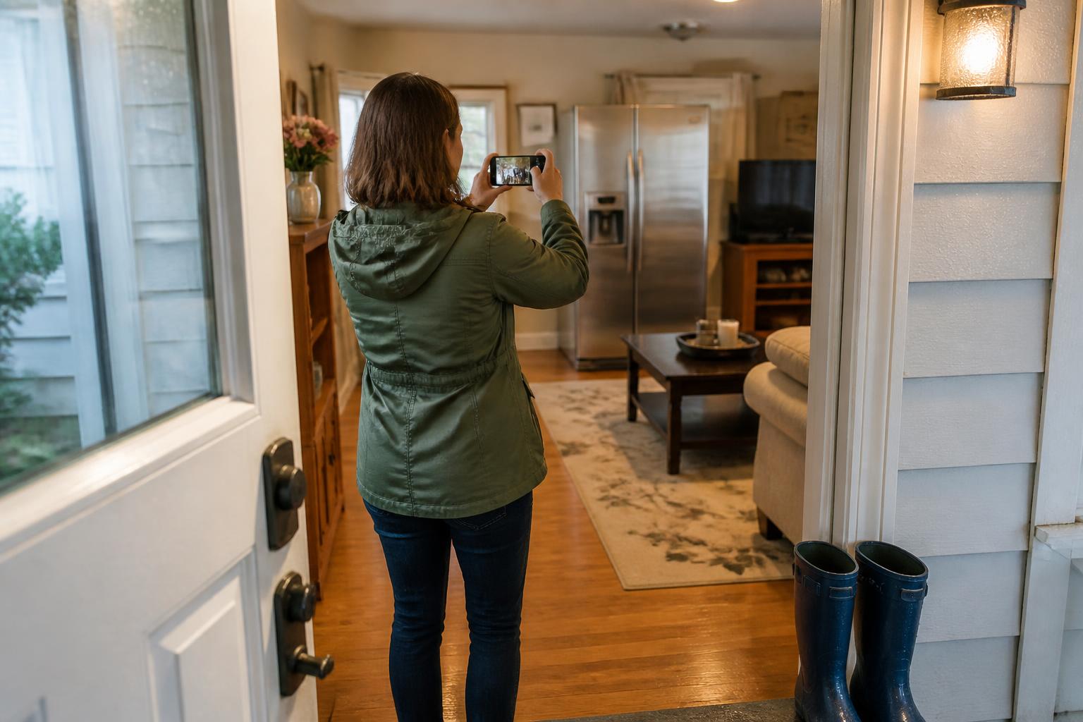 A homeowner photographing household belongings before spring storms.