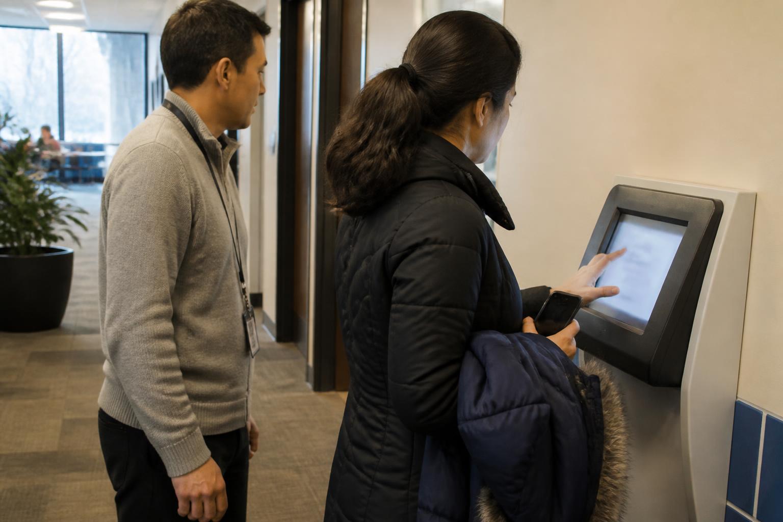 An employee checking a paycheck setting at the kiosk while holding a winter coat and dark phone.