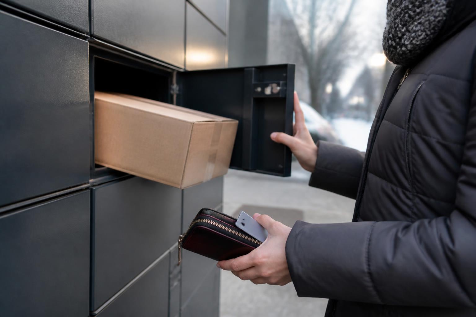 A holiday shopper placing one plain box into a locker while keeping a generic card inside a zipped wallet.