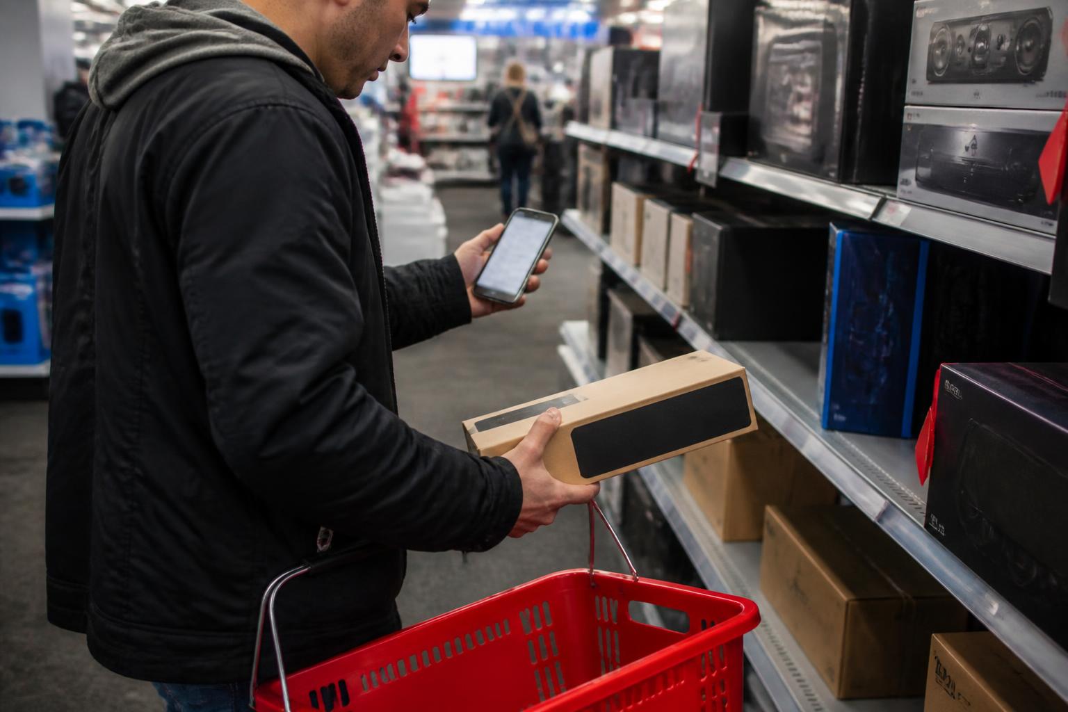 A shopper stepping aside from a display to check a blurred payoff reminder before picking up a box.