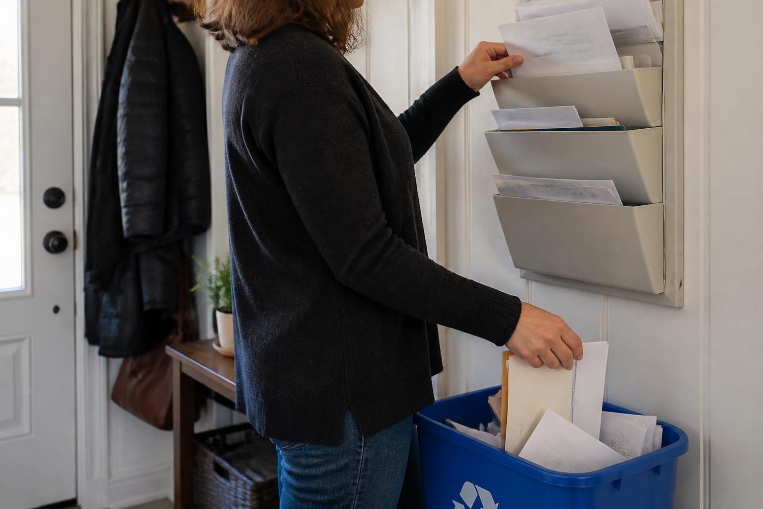 A person sorting household mail into an entryway wall organizer.