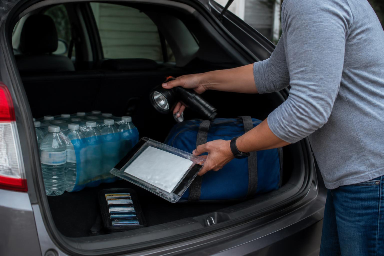 A homeowner loading cash, cards, and insurance contacts into a storm kit.